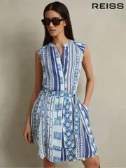 Reiss Blue Florence Tile Print Belted Mini Dress (846745) | $360