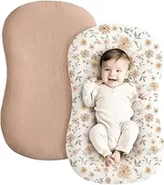 Konssy Muslin Baby Lounger Cover 2 Pack, 100% Cotton Newborn Lounger Cover, Soft and Breathable Lounger Slipcover for Boys Girls, Covers Only (Peach, Flowers)