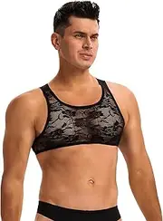 [sunshinelady] Men’s Lace Crop Top Black See Through Muscle Tank Top Sissy Sleeveless Shirt Half Vest Sexy Lingerie Transparent Undershirt Floral Mesh Sheer Outfits String Vests for Men