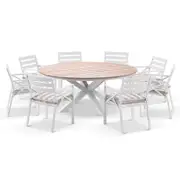 Tuscany Round 1.8m Outdoor Aluminium and Teak Dining Table with 8 Kansas Dining Chairs in Sunbrella