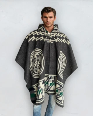 Alpaca Poncho Hood gray Soft and Comfortable Wool | Navajo Design | Handcrafted