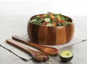 Gibson Laroda 3-Piece Brown Acadia Wood 10" Salad Bowl Set w Serving Spoon Fork