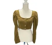 NWT Zara Gold Corduroy Cropped Button Front Long Peasant Sleeve Top Size XS