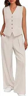 [LILLUSORY] Womens V Neck Twill Tailored Blazer Sleeveless Vest Two 2 Piece Set Wide Leg Pant Suit