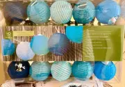 Solar String Light Lanterns 10 LED 3” Blue Hue Nylon Globes Outdoor Decor