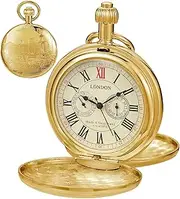 [Alwesam] Copper Pocket Watch Train Railroad Steampunk Mechanical London Hand Wind Double Case Mens Watches with Chains & Boxs Christmas Graduation Birthday Gifts Fathers Day