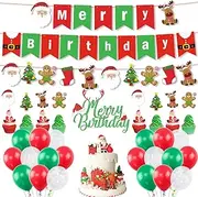 Christmas Birthday Decorations Kit,Merry Birthday Banner,Glitter Merry Birthday Cake Topper,Santa Tree & Snowflake Cupcake Toppers,Red & Green Balloons for Winter Holiday Baby Shower Birthday Party Supplies,Wonderland Party Decor