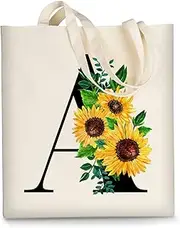 [AUSVKAI] Cute Sunflower Initial Canvas Tote Bag Aesthetic for Women