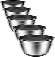 5 Pcs Mixing Bowls with Lids Stainless Steel Nesting Bowls Set with Non-Slip Silicone Bottoms Kitchen Metal Bowls for Mixing Baking Prepping Cooking Serving 4.5QT Large to 0.7QT Small