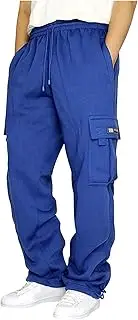 [RGCKle] Men's Tech Fleece Open Bottom Cargo Sweatpants with Pockets Loose Fit Joggers Drawstring Athletic Workout Gym Pants, Blue, X-Large