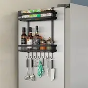 Wall Mounted Spice Rack for Refrigerator, Fridge Side Organizer with 7-Hook Rack, 3 Tiers Kitchen Seasoning Organizer Rack on the Side of Refrigerator for Kitchen Organization and Storage
