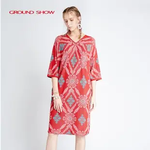 閣蘭秀夏季新款V領蝙蝠袖棗紅色提花針織連衣裙商場同款女裝