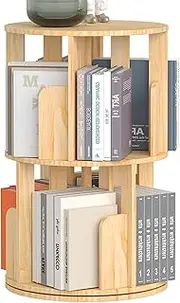 YGYQZ Rotating Bookshelf, 2-5 Tier Floor Standing Bookcase Wood for Kids & Adult360 Display Narrow Book Shelf Organizer Storage Rack for Bedroom, Living Room, Study Room (2 Tier-Wood)