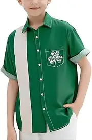 [QIVICIMA] Boys Bowling Shirts Color Block Short Sleeve Button Down Shirts Kids Cute Active Shirts Flamingo Print Shirt