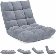 Costway Folding Floor Chair, Cushioned Gaming Chair with 14-Position Adjustable Backrest, Recliner Chair with Coral Velvet & High-Density Sponge for Living Room, Bedroom, Reading Nook (Grey)