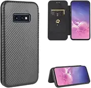 TiHen Compatible for Case Samsung Galaxy S10E, Flip Carbon Fiber [Drop Tested] Shockproof Stand Anti Fingerprints Cover with Card Slot+Tempered Glass Screen Protector*2-Black