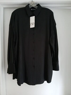 Zara NWT Oversized Black Shirt Blouse Top M Subtle Self Stripe