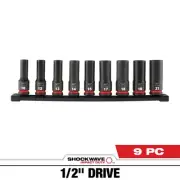 Milwaukee, 9PC SHOCKWAVE Impact Duty 1/2in.Dr MM Deep 6Point Socket Set, Pieces