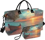 [YXYZRMY] Travel Duffel Bag Lake Boat Landscape Sunset Gym Bag Sports Tote Bag with Multiple Interior Pockets Shoulder Weekender Bag for Women Men with Toiletry Bag 20.5”x 7.9”x 13.8, Multi-Colored, one