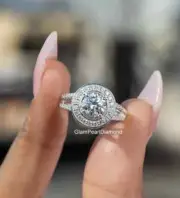 2 Ct Round Cut Moissanite Halo Bezel Split Shank Engagement Ring 14K White Gold