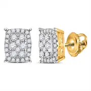 14k Yellow Gold Round Diamond Rectangle Cluster Earrings 1/4 Cttw