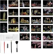 24Pcs Scratch Art Paper Rainbow Scratch Art for Adults World Famous City Landmarks Scratch Art with 5Pcs Scratching Tools Kit (A5 Size)