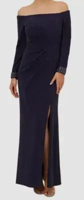 Adrianna Papell Women's Blue Metallic Beaded-Cuff Off-Shoulder Dress Size 14