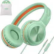 SIMOLIO Wired Headphones with Microphone and Volume Control, 85dB,95dB,105dB Volume Limited Headphones with Share Jack, Foldable Lightweight Headset with Bag (Green)