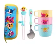 Pinkfong Baby Shark Family Cup 3pc + Training Chopstick Spoon Case Set Feeding