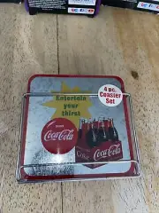 4 pc Coca-Cola Coaster Set With Wire Holder Cork Back 4" sq New & Sealed