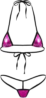 [FEESHOW] Women's Sexy 2 Piece Swimsuit Shiny Metallic Triangle Bikini Top with G-String Thong Micro Bikini Set