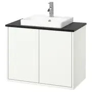 HAVBÄCK / ORRSJÖN wash-stnd w doors/wash-basin/tap, white/black marble effect, 82x49x71 cm