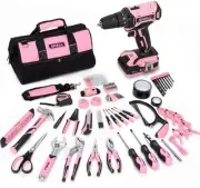 247Pcs 20V Cordless Drill Driver & Household Tool Kit for Women, Pink Electri...