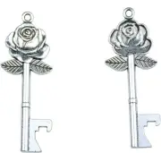 Skeleton Key Bottle Opener Pendant Antiqued Silver Rose Flower Steampunk 2.75"