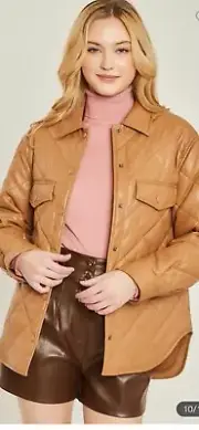 Love tree Quilted Shirt Jacket Women Brown Tan Faux Leather Sz Large Button NEW