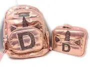 Justice Rose Gold Quilted Backpack & Lunch Box Initial "D" set of 2 NWT!