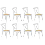 Oikiture 8PCS Crossback Dining Chair Solid Birch Timber Wood Ratan Seat White