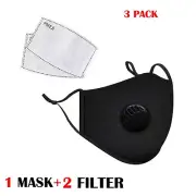 3 PACK BLACK Face Mask Breathing Valve PM2.5 Face + 2 Mask filters WASHABLE