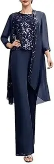 [VK Selec] 3 Pieces Mother of The Bride Pant Suits with Jacket 3/4 Sleeve Chiffon Pants Suits for Women