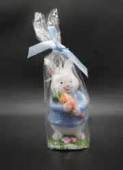Easter Bunny Candle -Specialty Candle- Dressed in Blue Jacket w/ Carrot on Grass