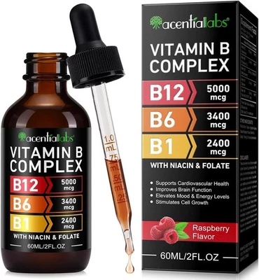 Vitamin B Complex Liquid Drops 60ml | B12 5000 mcg, B6 3400 mcg, & B1 2400 mcg |