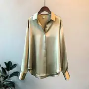 Satin Shirt Ladies Blouse Spring Autumn Tops Women Clothing Button Up Long Sleeve Solid Loose Plus Size Shirts green M