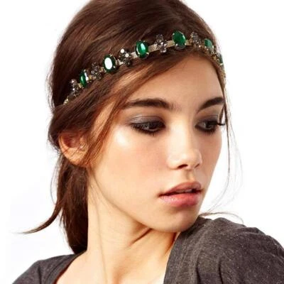 Retro Vintage Green Crystal Elastic Head Headband Hair Chain Jewellery Accessory