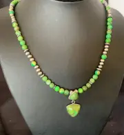 Womens Green Gaspeite & Turquoise Pendant Navajo Sterling Silver Necklace 12343