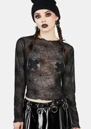 [Forest Ink] Spider Web Mesh Long Sleeve Crop Top