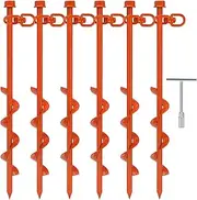 6 Pcs Ground Anchors Screw in, 12 Inch Heavy Duty Trampoline Anchor Kit Carport Anchors with T Handle Wrench Earth Anchor Ground Stakes Tent Stakes Swing Set Anchors High Wind (Orange)
