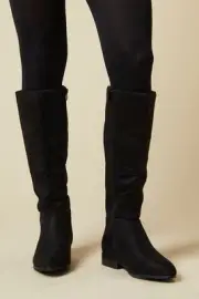 Dorothy Perkins Womens Knee High Boots Black Faux Leather Wide Fit Flat Heel