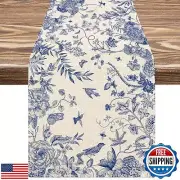 AnyDesign Blue and White Table Runner 13 x 72 Inch Monochrome Sketch Birds Fl