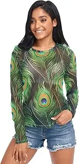 [RPLIFE] Detailed Peacock Feathers Mesh Shirt Women Long Sleeve, Womens Sheer Tops S-XXL