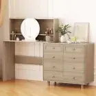 Dressing Table with 6 Drawers, Vanity Tables LED Mirror Makeup Stool Set Wooden